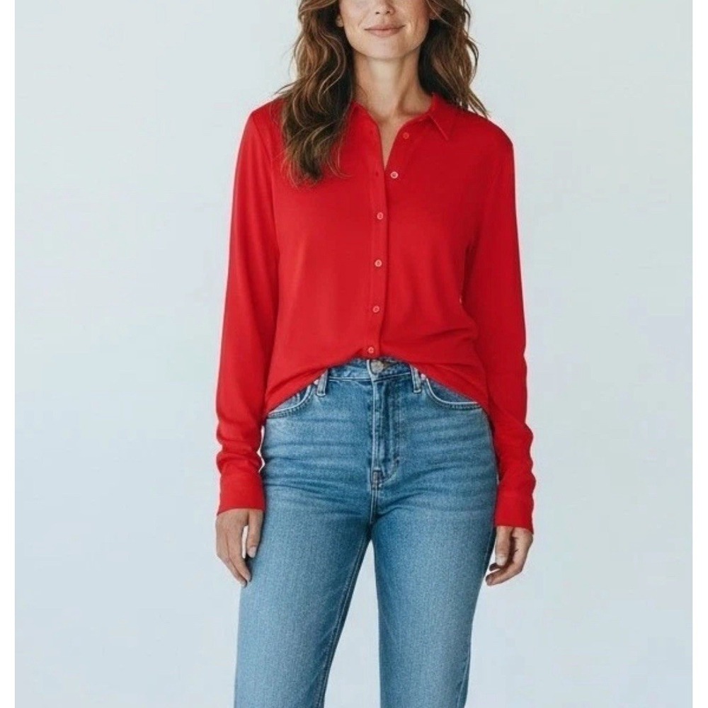 Norma‎ Kamali Red Button Up Long Sleeve Collared Shirt Top Holiday Women Size 2X